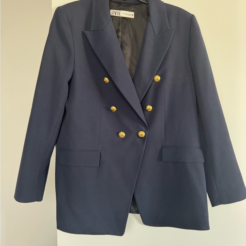 Zara Navy Double-Breasted Blazer with Gold Buttons, XXL